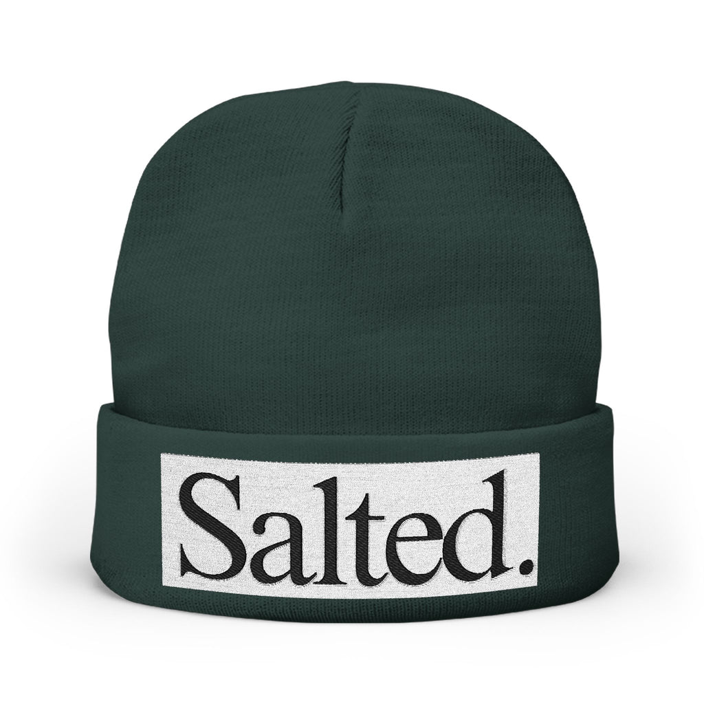 Salted. Embroidered Knit Beanie — Minimal Text Winter Hat