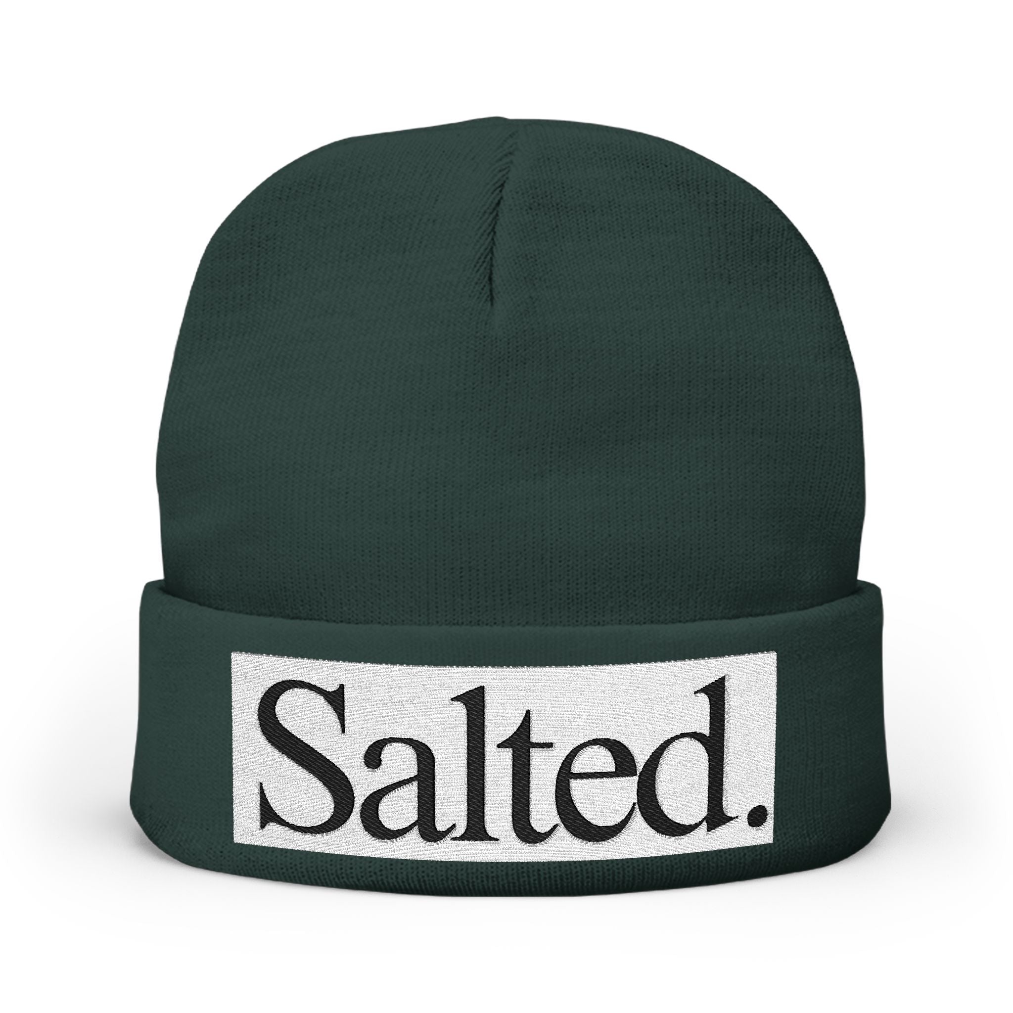Salted. Embroidered Knit Beanie — Minimal Text Winter Hat