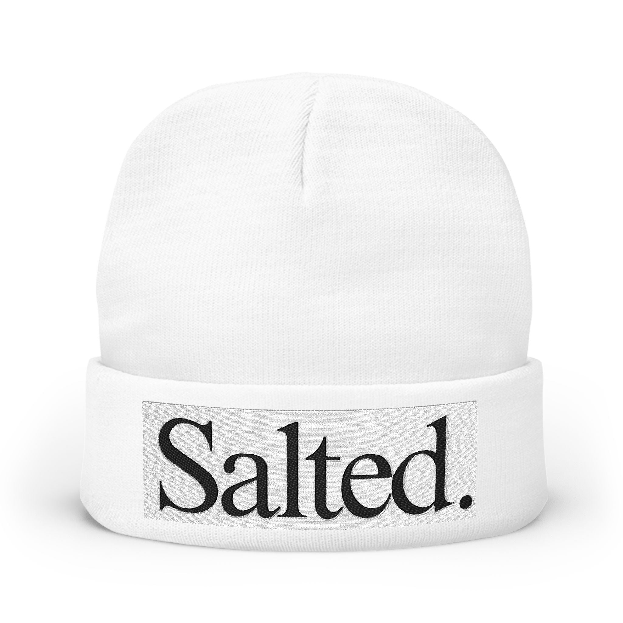 Salted. Embroidered Knit Beanie — Minimal Text Winter Hat