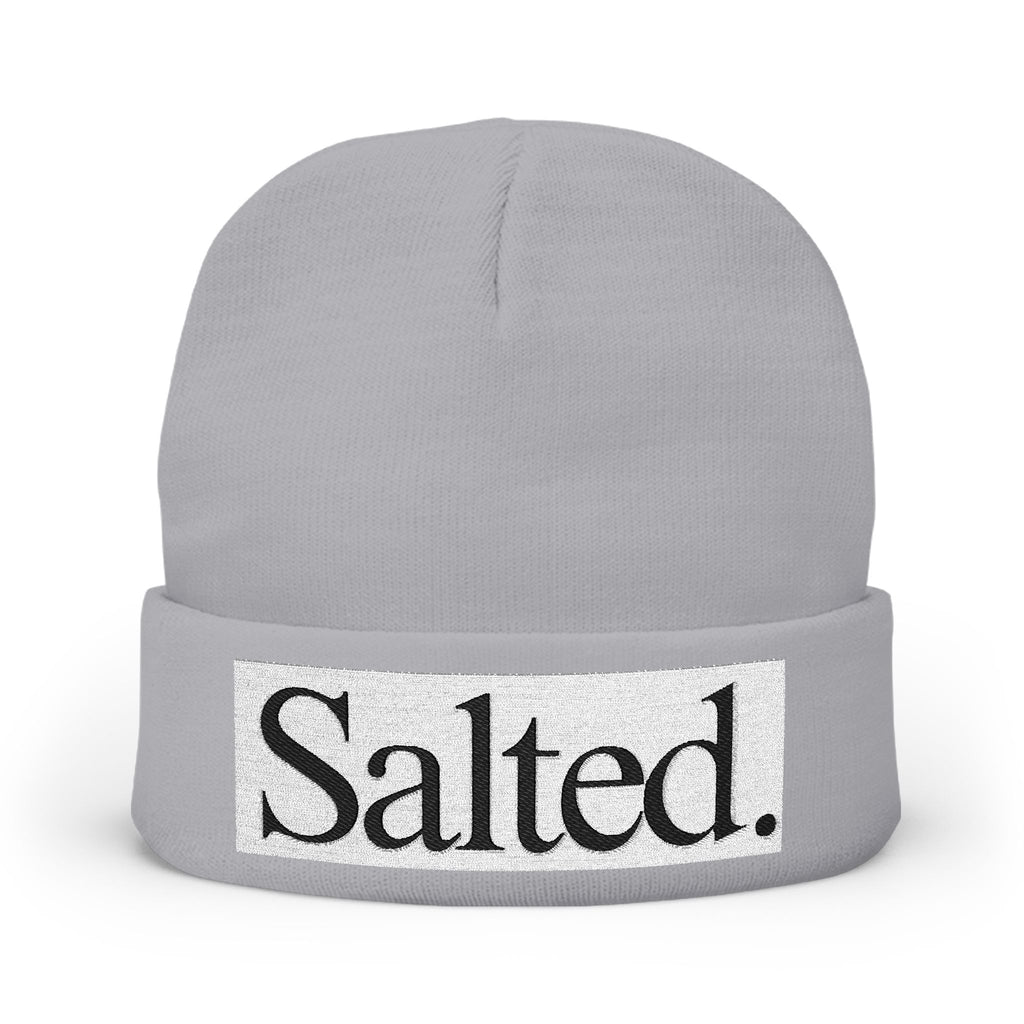 Salted. Embroidered Knit Beanie — Minimal Text Winter Hat