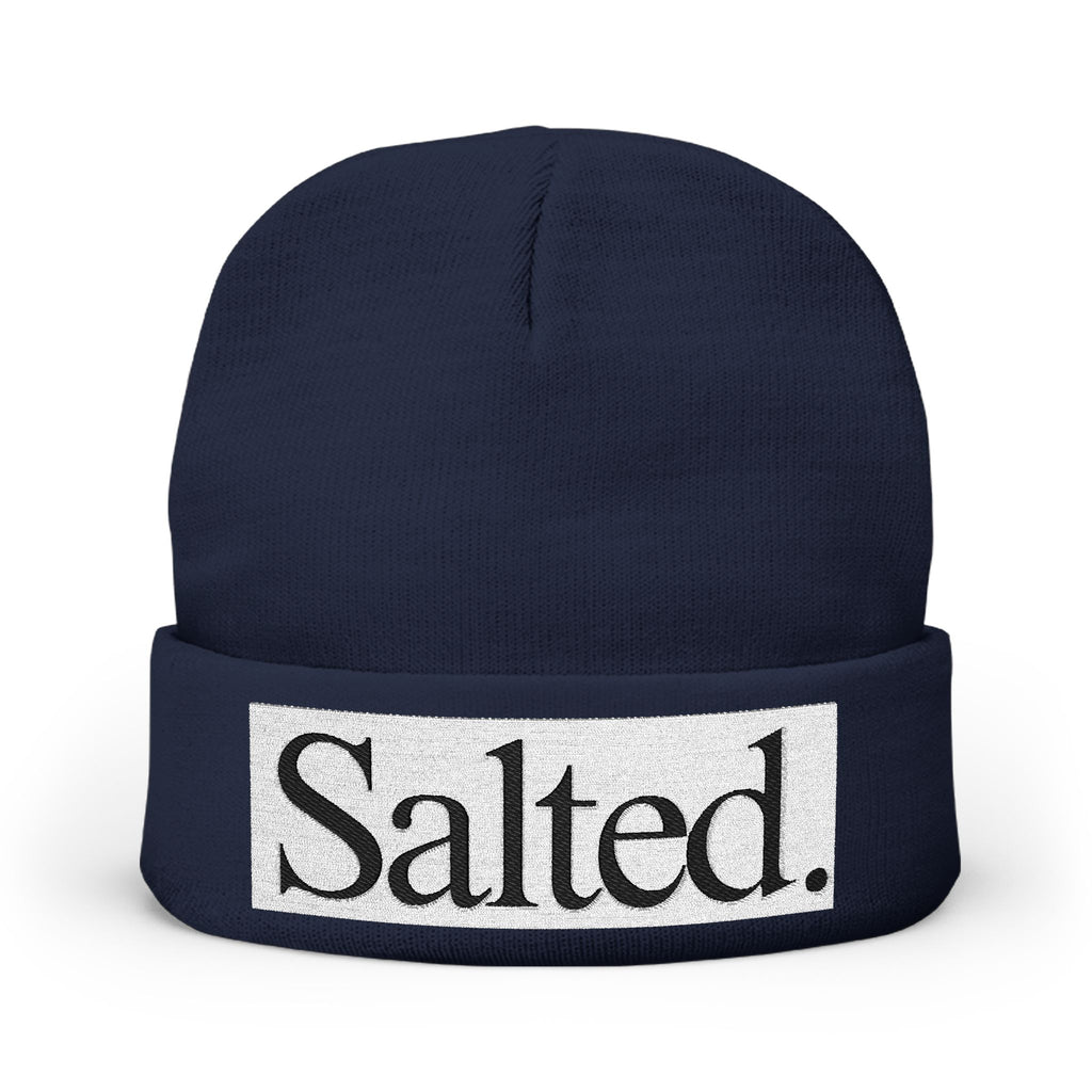 Salted. Embroidered Knit Beanie — Minimal Text Winter Hat