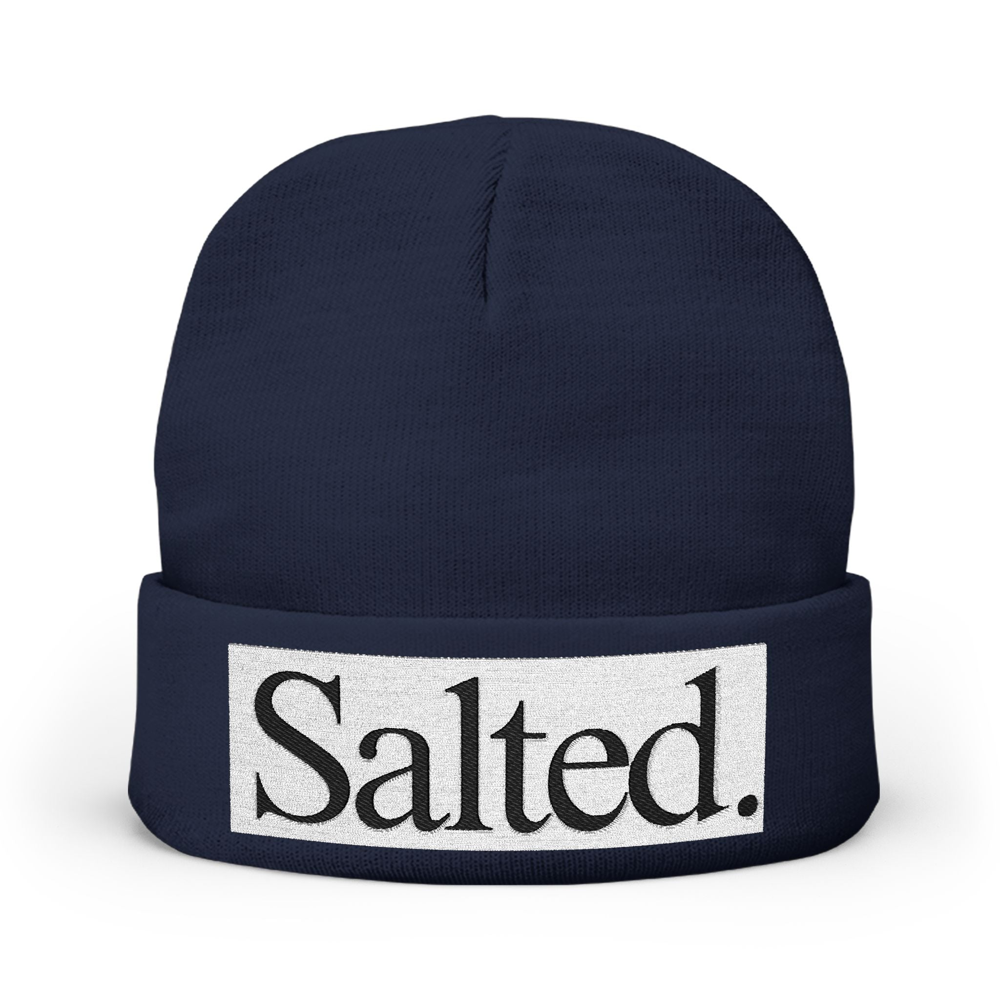 Salted. Embroidered Knit Beanie — Minimal Text Winter Hat
